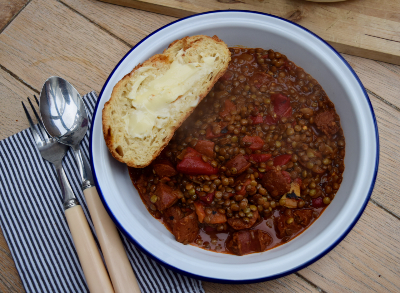 One Pot Lentils with Chorizo recipe from Lucy Loves Food Blog