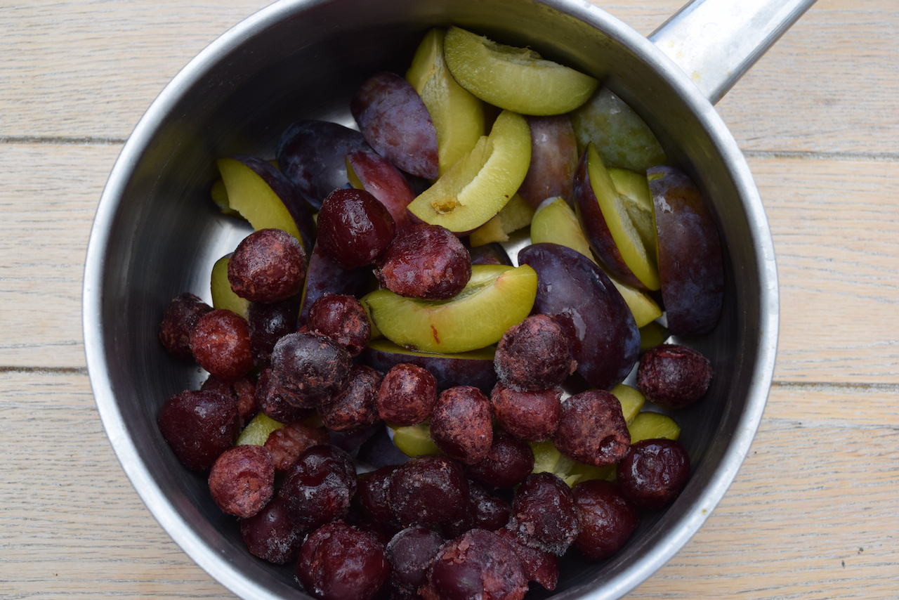 Plum Cherry and Almond Crumble from Lucy Loves Food Blog