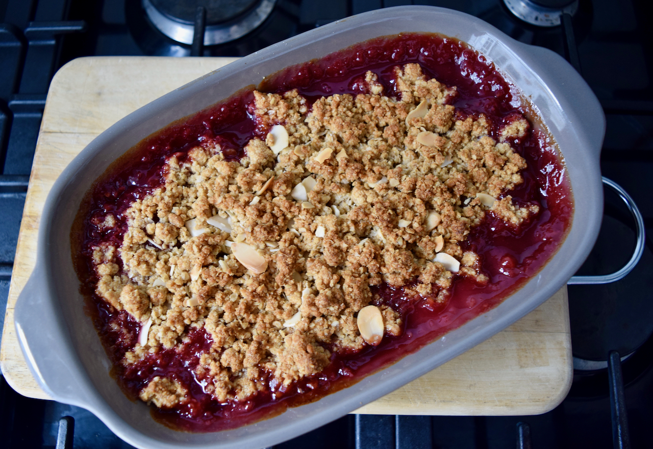 Plum Cherry and Almond Crumble from Lucy Loves Food Blog