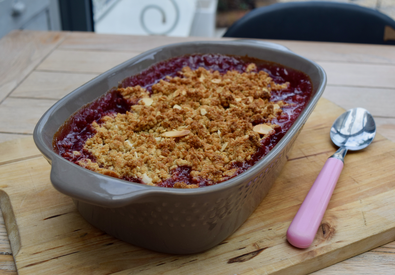 Plum Cherry and Almond Crumble from Lucy Loves Food Blog