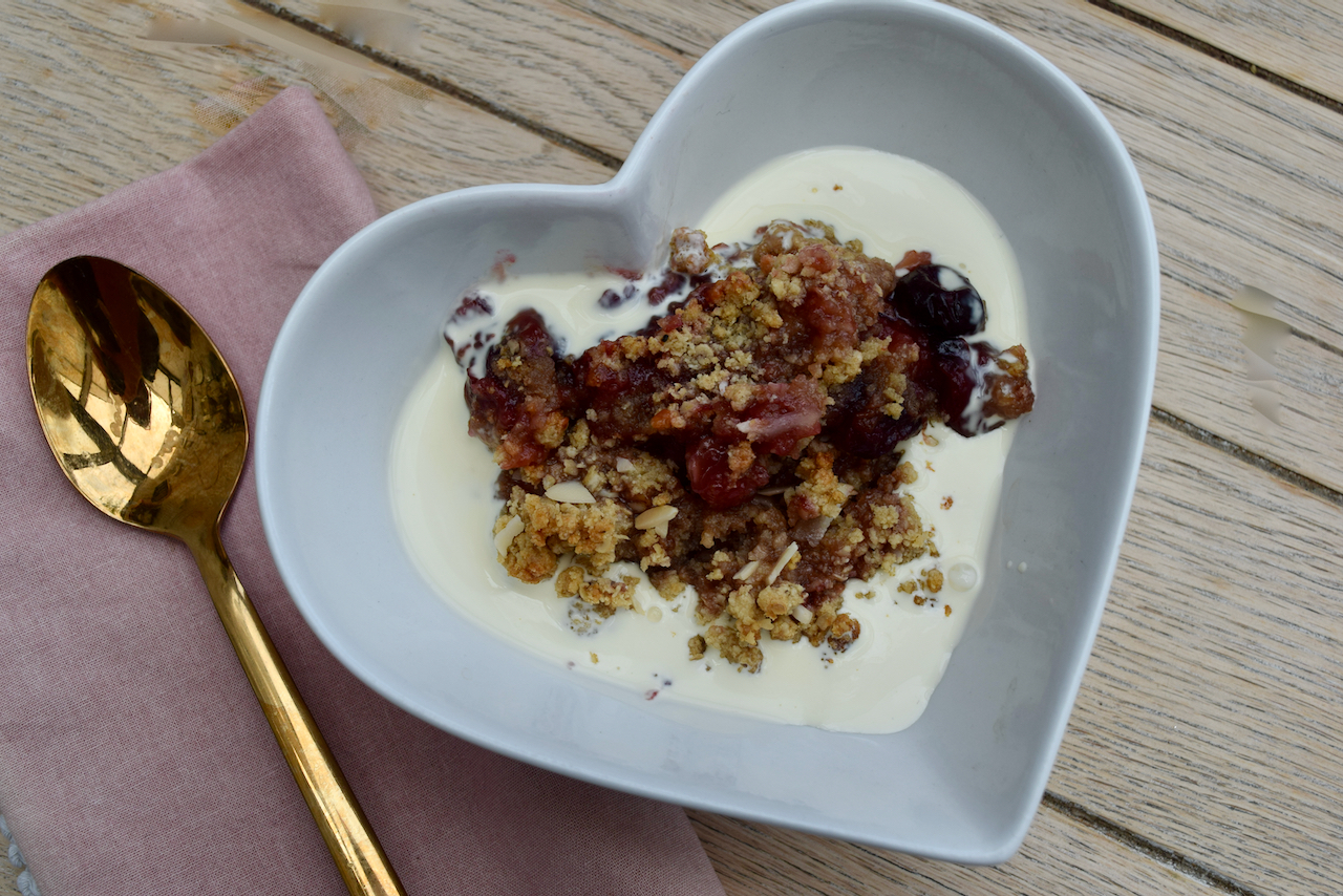 Plum Cherry and Almond Crumble from Lucy Loves Food Blog