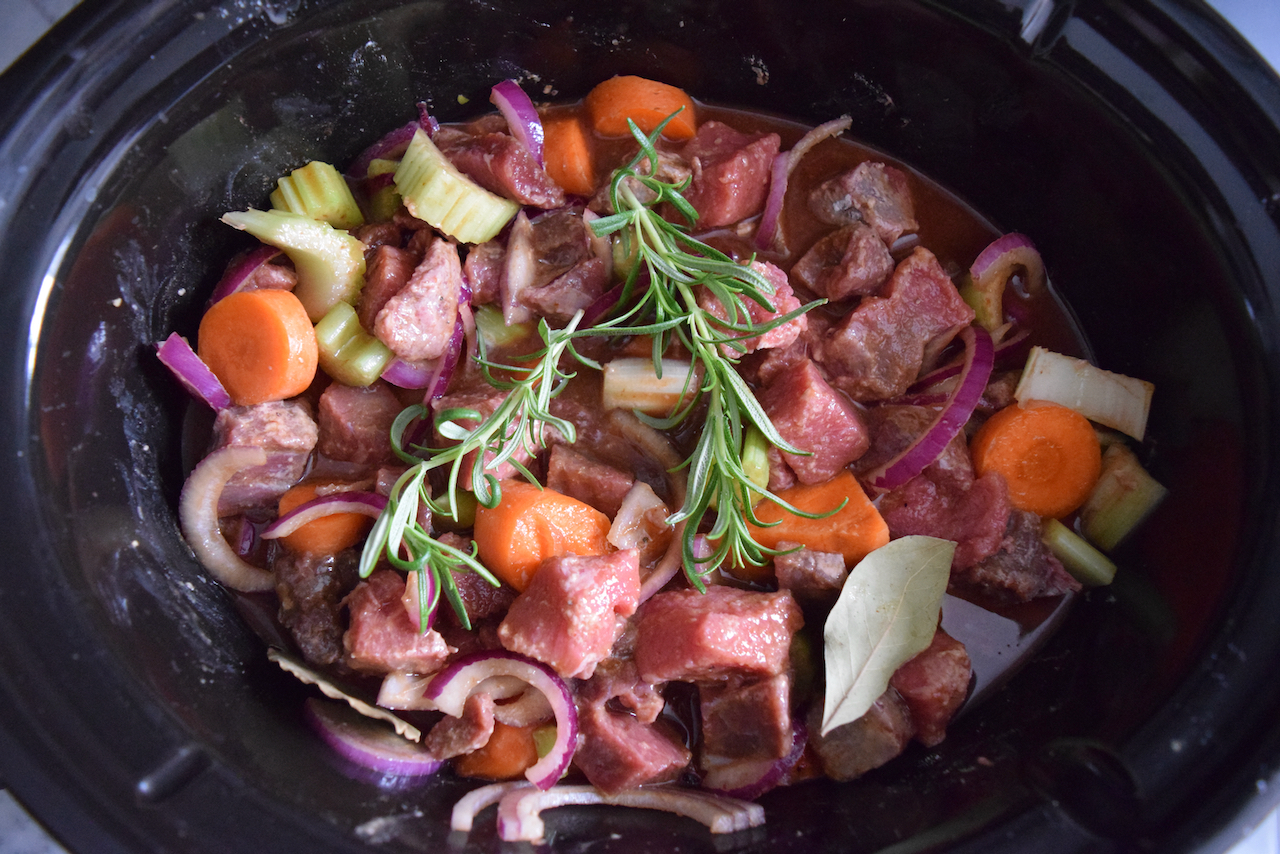 Slow Cooker Beef Casserole with Cheese Dumplings recipe from Lucy Loves Food Blog