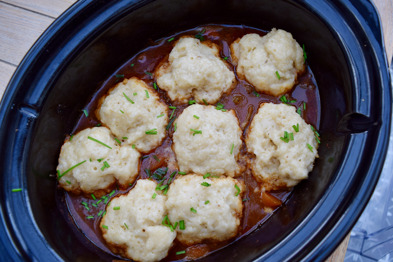 Slow Cooker Beef Casserole with Cheese Dumplings recipe from Lucy Loves Food Blog