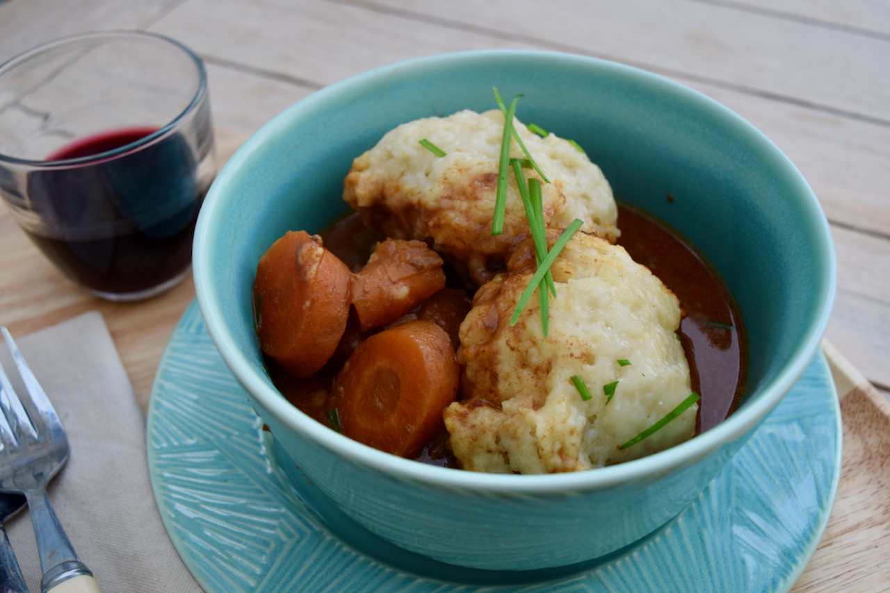 Slow Cooker Beef Casserole with Cheese Dumplings recipe from Lucy Loves Food Blog