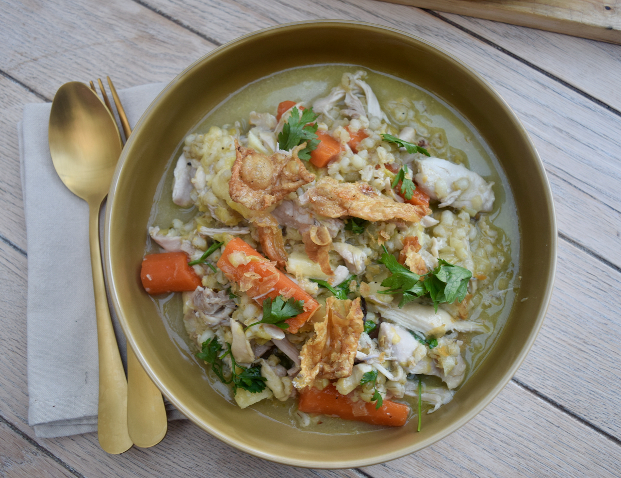 Chicken with Barley and Chicken Cracking from Lucy Loves Food Blog