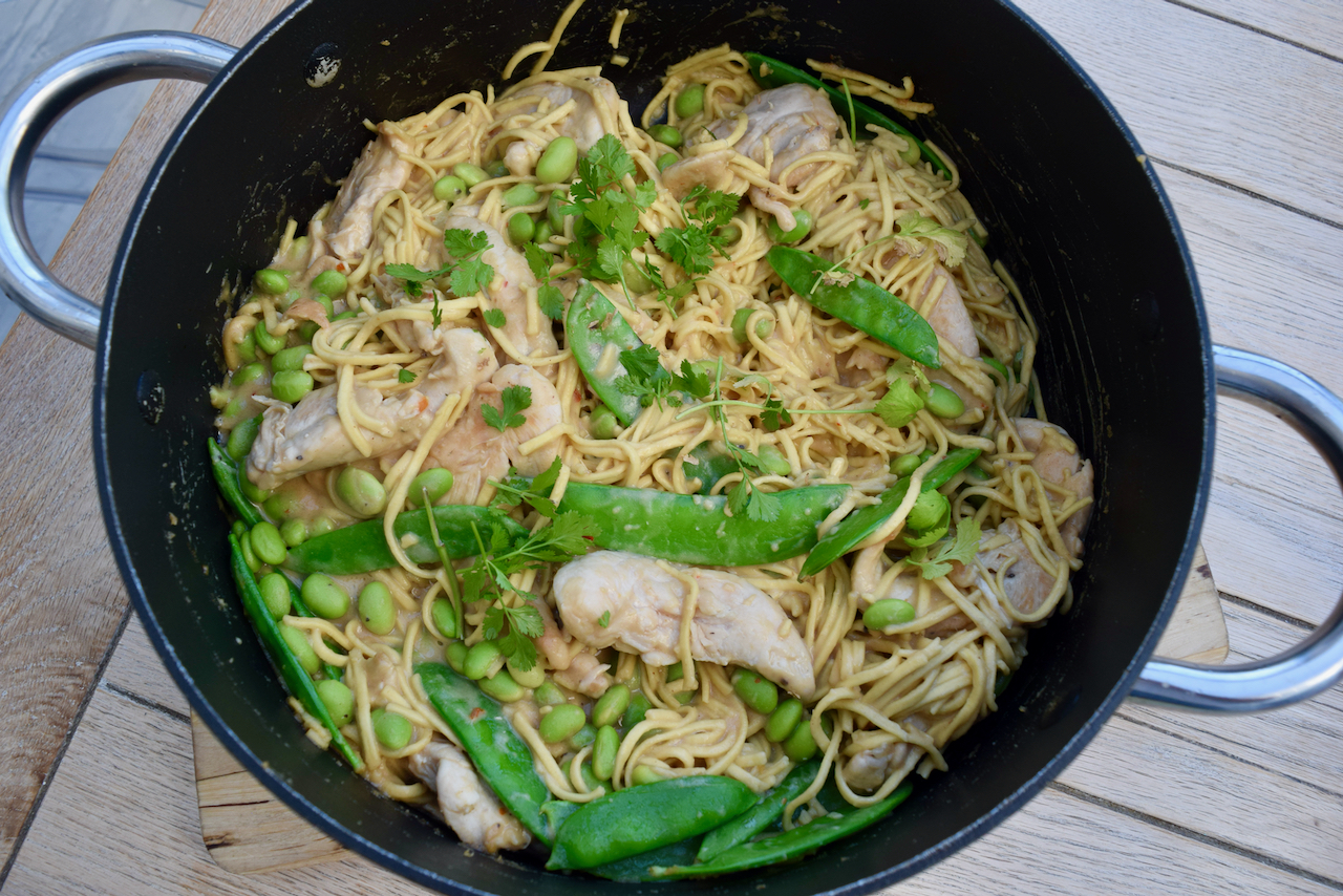 One Pot Chicken Satay Noodles recipe from Lucy Loves Food Blog