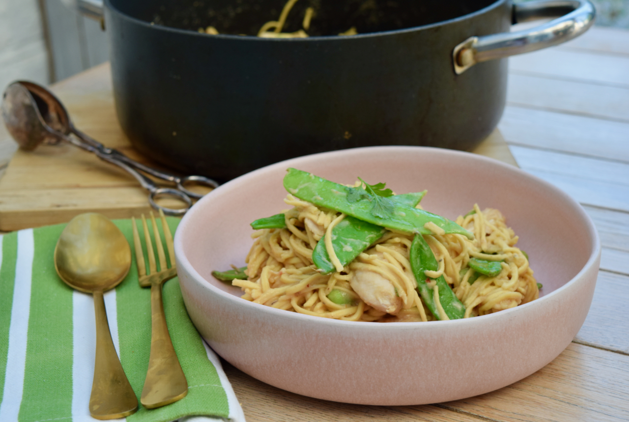 One Pot Chicken Satay Noodles recipe from Lucy Loves Food Blog